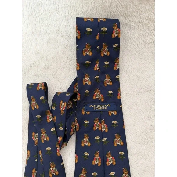 Gino Pompeii Teddy Bear‎ Print Novelty Tie Men's Necktie Navy Blue Vintage - Picture 2 of 4